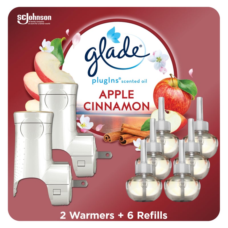 Glade مجموعة بداية معطر الهواء من غليد، زيوت عطرية وأساسية للمنزل والحمام، تفاح وقرفة، 4.02 أونصة سائلة، 2 دافئ و6 إعادة تعبئة - Image 1